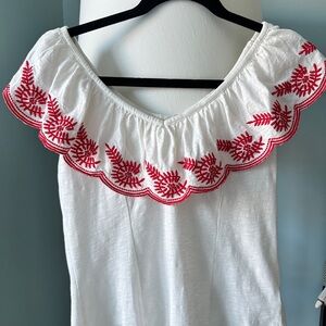 Anthropologie White Blouse with Red Embroidery